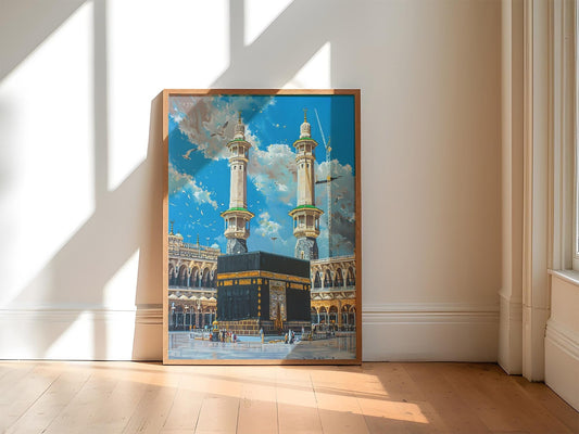 Framed watercolour art of Masjid Al-Haram in Mecca with the Kaaba at the center, available in black, white, or wood frames.