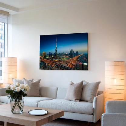 Dubai Skyline Canvas Wall Art, Burj Khalifa Night Cityscape Print, UAE Skyline Canvas, Modern Dubai Wall Decor, Gift for Home, City Wall Art