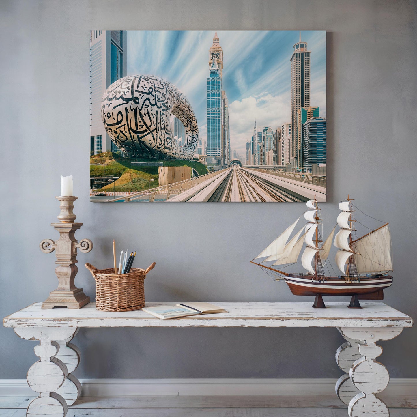 Dubai Metro Skyline Canvas, Museum of the Future Wall Art, Dubai Cityscape Print, UAE Skyscraper Wall Decor, Urban Canvas Print