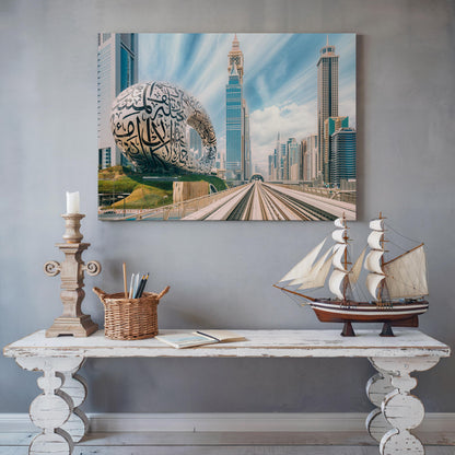 Dubai Metro Skyline Canvas, Museum of the Future Wall Art, Dubai Cityscape Print, UAE Skyscraper Wall Decor, Urban Canvas Print