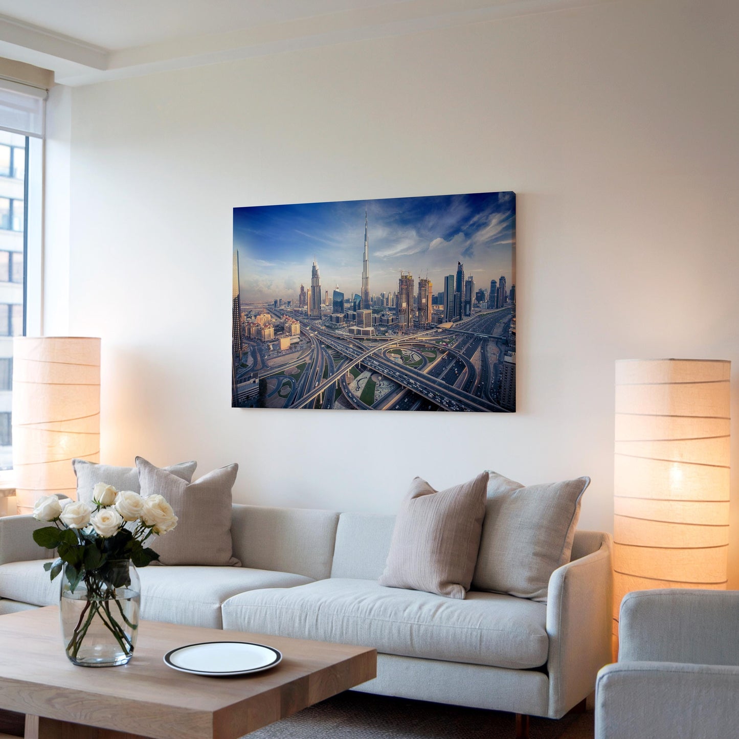 Dubai Skyline Evening Canvas, Burj Khalifa Sunset Wall Art, UAE Cityscape Print, Modern Dubai Wall Decor, Skyline Canvas Print