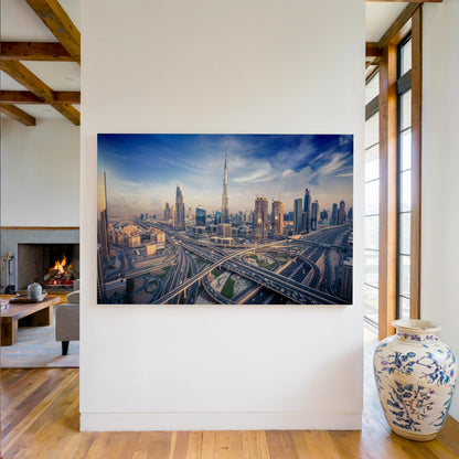 Dubai Skyline Evening Canvas, Burj Khalifa Sunset Wall Art, UAE Cityscape Print, Modern Dubai Wall Decor, Skyline Canvas Print