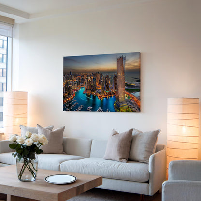Dubai Marina Canvas Print, Marina Bay Skyline Wall Art, UAE Cityscape Canvas, Modern Dubai Wall Decor, Urban Canvas Print