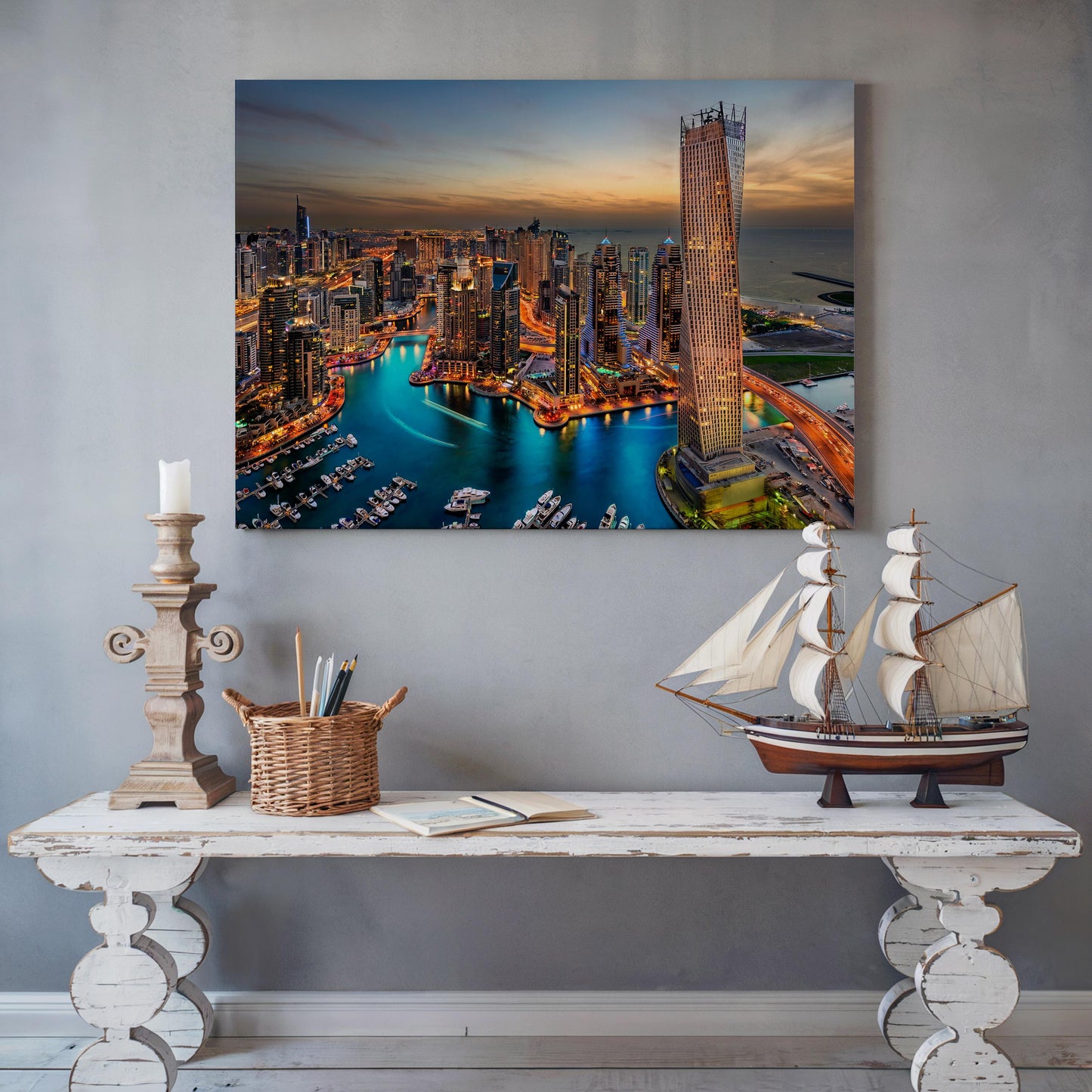 Dubai Marina Canvas Print, Marina Bay Skyline Wall Art, UAE Cityscape Canvas, Modern Dubai Wall Decor, Urban Canvas Print