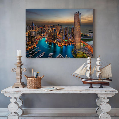 Dubai Marina Canvas Print, Marina Bay Skyline Wall Art, UAE Cityscape Canvas, Modern Dubai Wall Decor, Urban Canvas Print