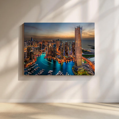 Dubai Marina Canvas Print, Marina Bay Skyline Wall Art, UAE Cityscape Canvas, Modern Dubai Wall Decor, Urban Canvas Print