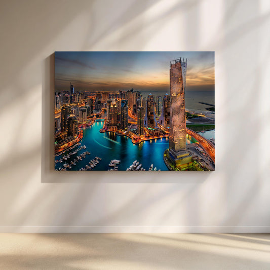 Dubai Marina Canvas Print, Marina Bay Skyline Wall Art, UAE Cityscape Canvas, Modern Dubai Wall Decor, Urban Canvas Print