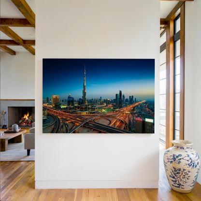 Dubai Skyline Canvas Wall Art, Burj Khalifa Night Cityscape Print, UAE Skyline Canvas, Modern Dubai Wall Decor, Gift for Home, City Wall Art