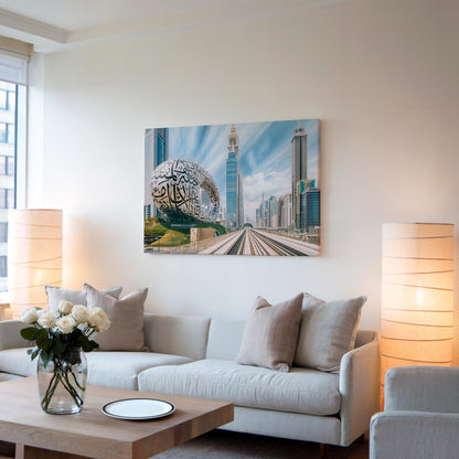 Dubai Metro Skyline Canvas, Museum of the Future Wall Art, Dubai Cityscape Print, UAE Skyscraper Wall Decor, Urban Canvas Print
