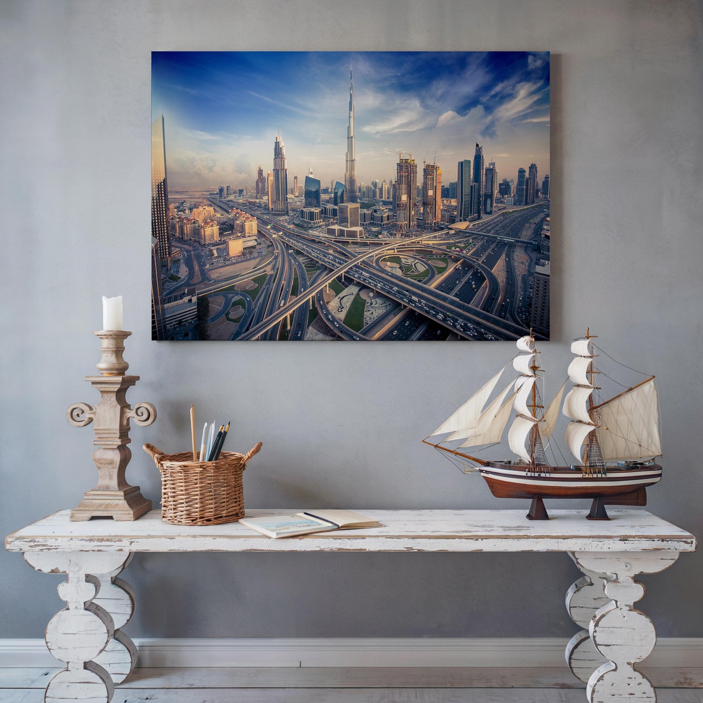 Dubai Skyline Evening Canvas, Burj Khalifa Sunset Wall Art, UAE Cityscape Print, Modern Dubai Wall Decor, Skyline Canvas Print