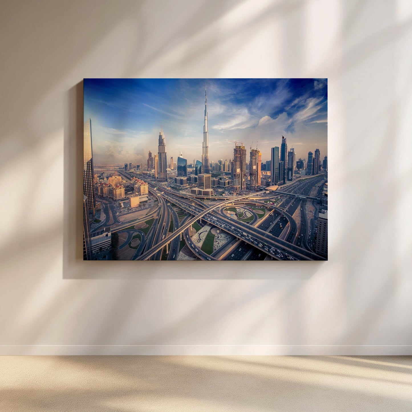 Dubai Skyline Evening Canvas, Burj Khalifa Sunset Wall Art, UAE Cityscape Print, Modern Dubai Wall Decor, Skyline Canvas Print