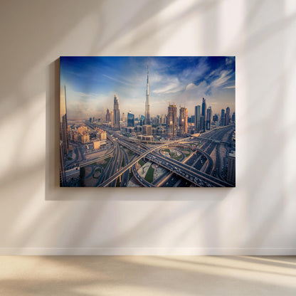 Dubai Skyline Evening Canvas, Burj Khalifa Sunset Wall Art, UAE Cityscape Print, Modern Dubai Wall Decor, Skyline Canvas Print
