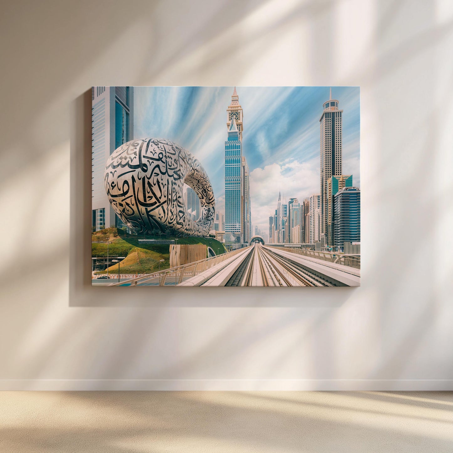 Dubai Metro Skyline Canvas, Museum of the Future Wall Art, Dubai Cityscape Print, UAE Skyscraper Wall Decor, Urban Canvas Print